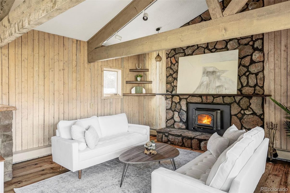 Fireplace, Interior, Living room, Stone Walls, Wood Texture Flooring, Wooden Walls