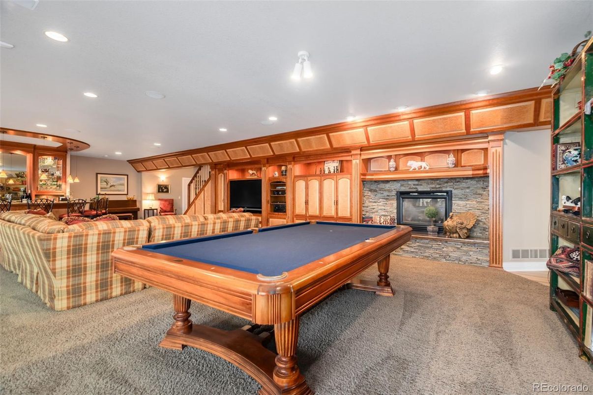 Billiard Table, Fireplace, Game Room, Interior, Living room, Recessed Lighting, Stone Walls