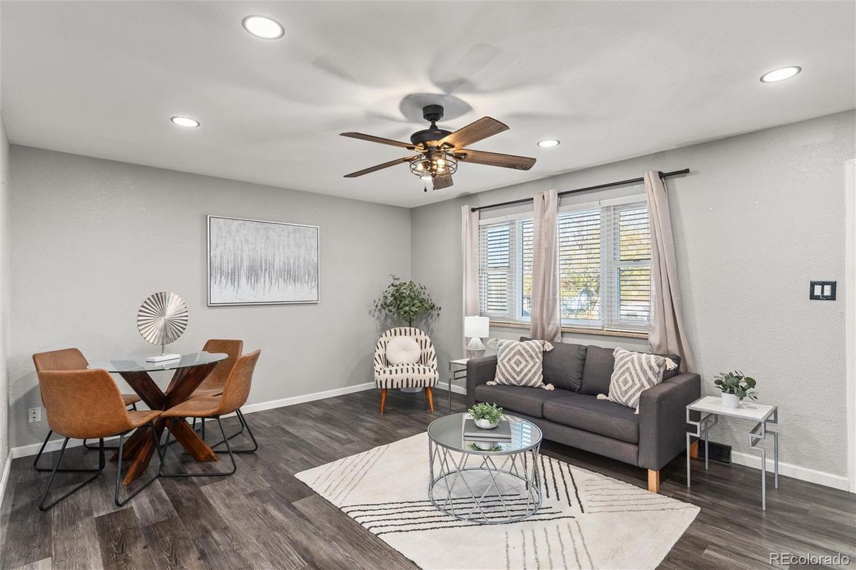 Dining room, Interior, Living room, Recessed Lighting, Wood Texture Flooring