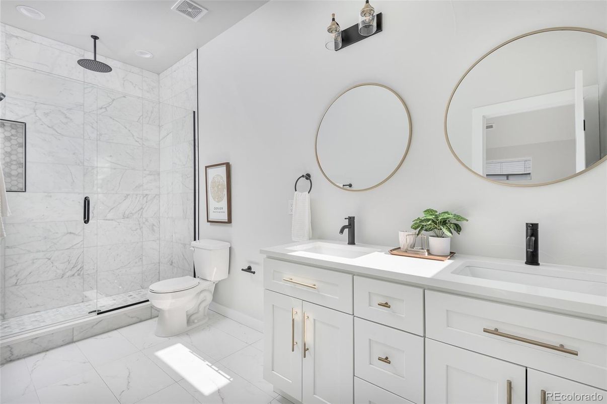 Bathroom, Dual Sink Vanities, Glass Shower, Interior, Marble, Marble Walls