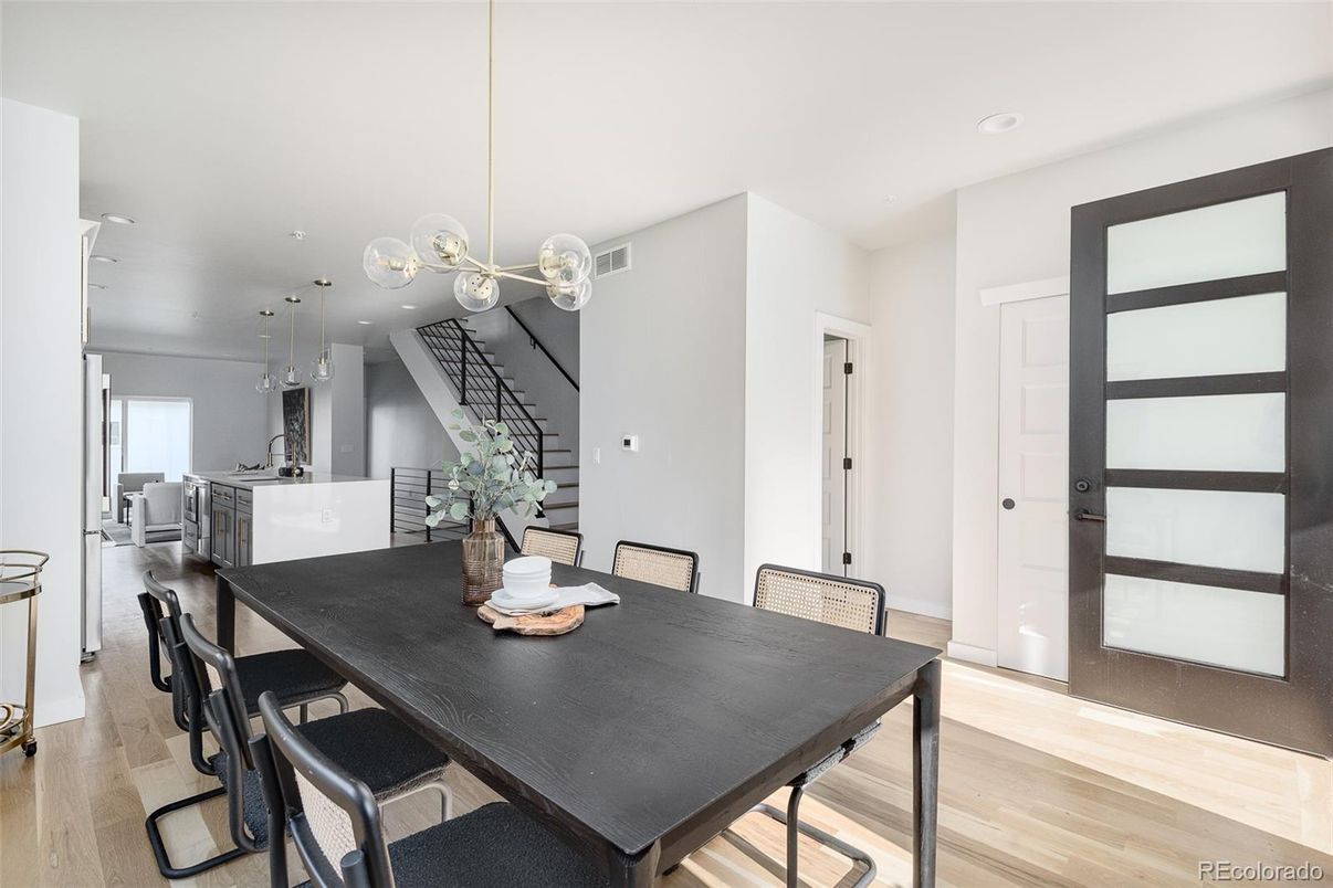 Dining room, Interior, Pendant Lights, Recessed Lighting, Wood Texture Flooring