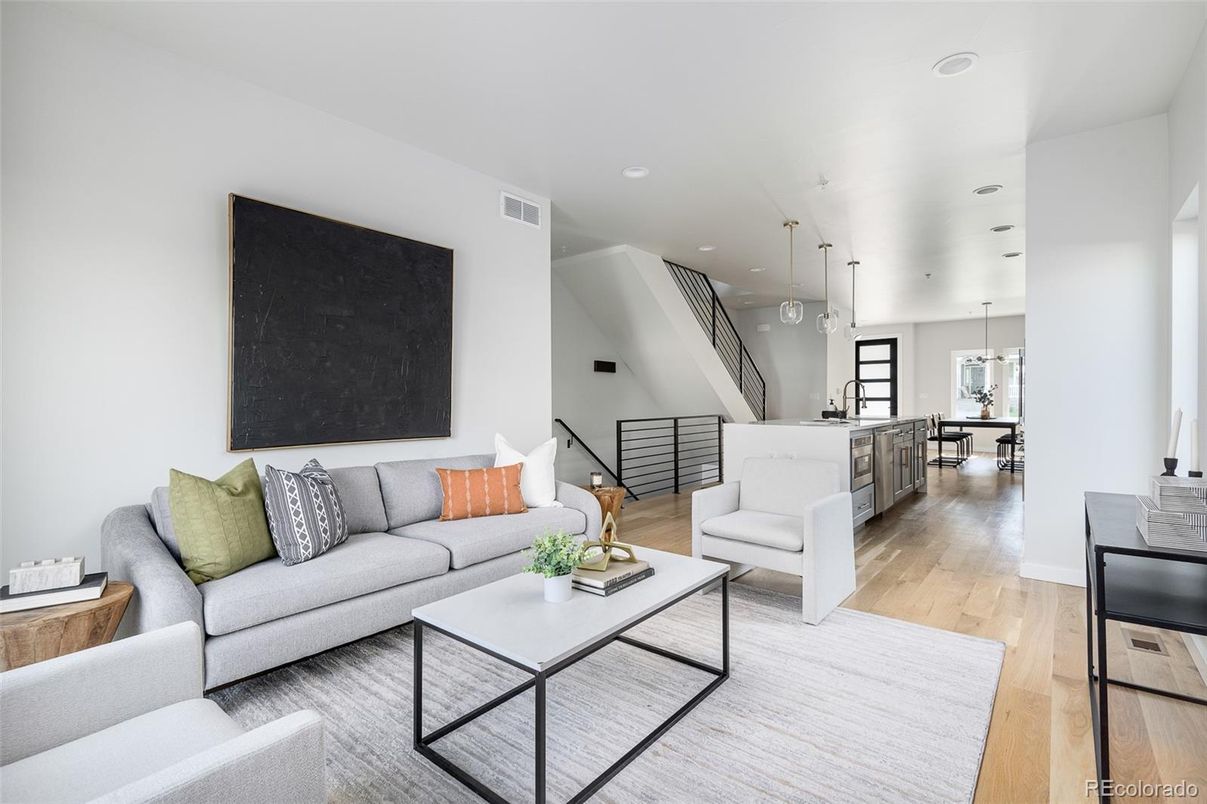 Dining room, Interior, Kitchen, Living room, Pendant Lights, Recessed Lighting, Wood Texture Flooring