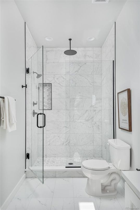 Bathroom, Glass Shower, Interior, Marble, Marble Walls, Recessed Lighting