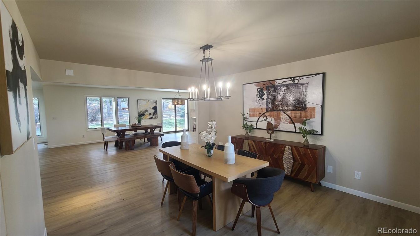 Dining room, Interior, Pendant Lights, Wood Texture Flooring