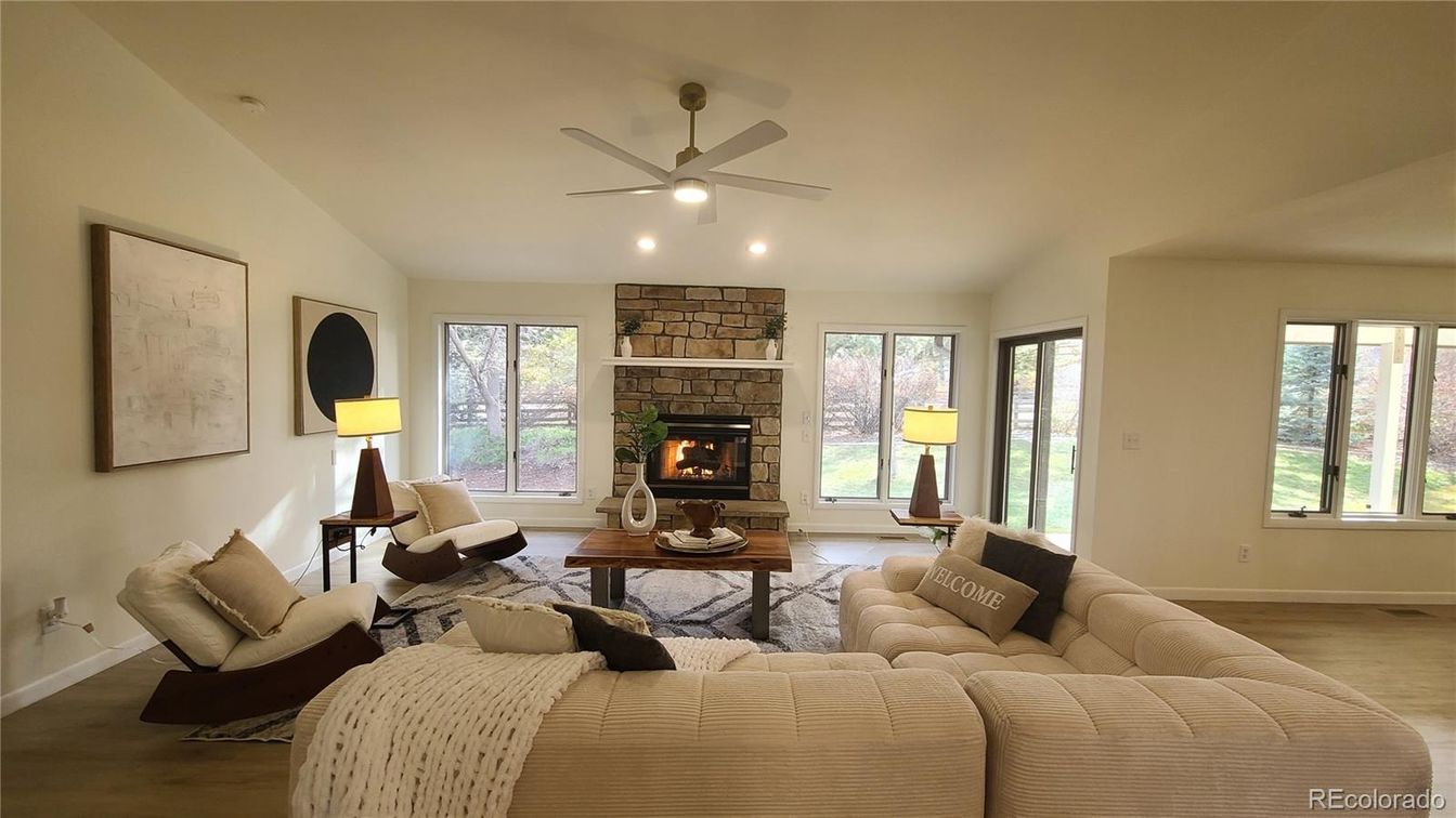 Fireplace, Interior, Living room, Stone Walls, Wood Texture Flooring