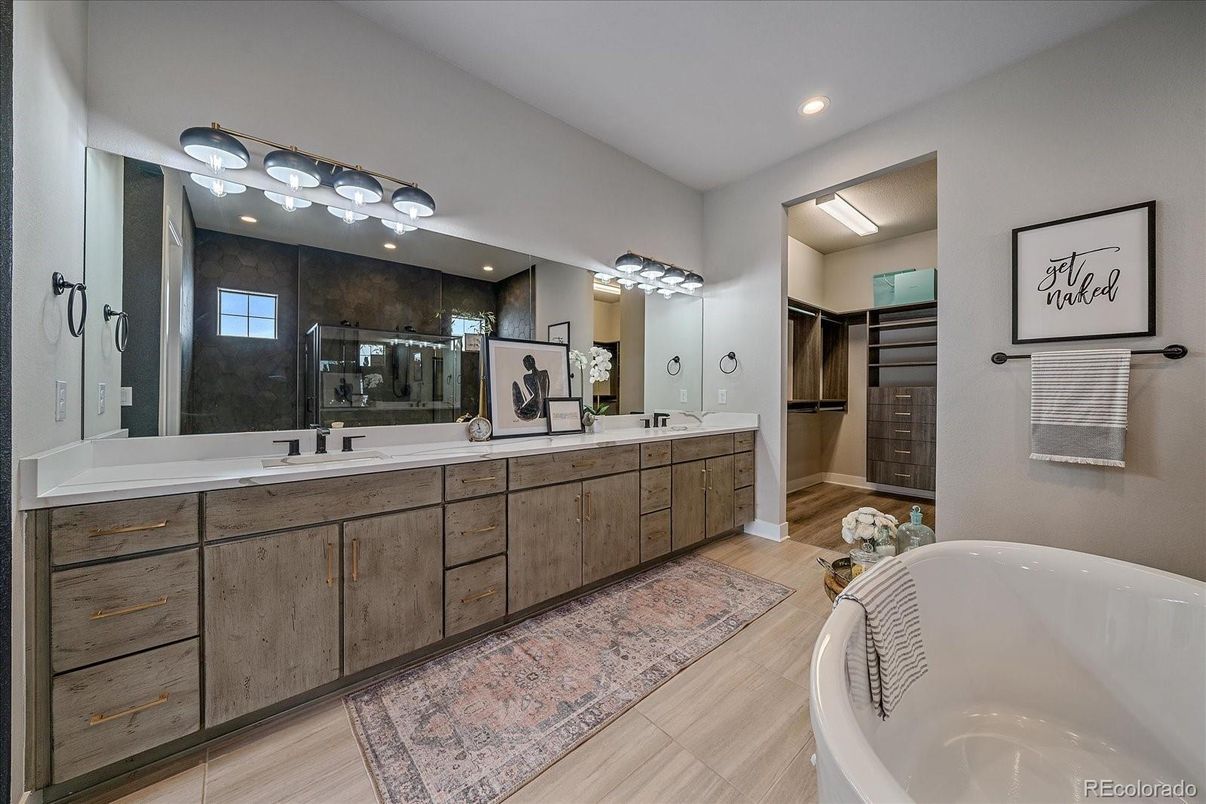 Bathroom, Dual Sink Vanities, Free Standing Baths, Interior, Recessed Lighting, Wood Texture Flooring