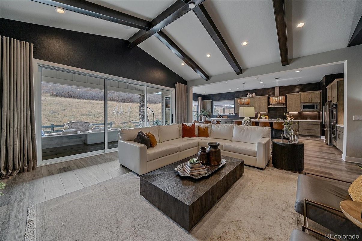 Interior, Kitchen, Living room, Pendant Lights, Recessed Lighting, Stainless Steel Appliances, Wooden Beams, Wood Texture Flooring