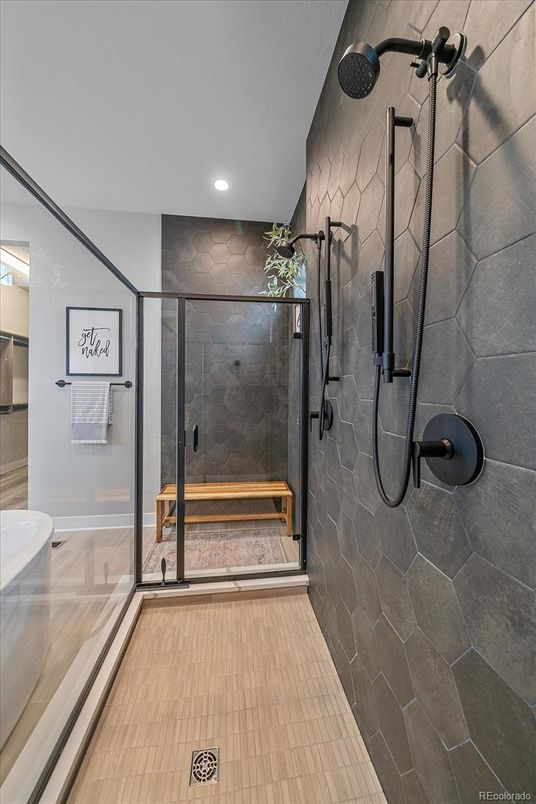 Bathroom, Glass Shower, Interior, Recessed Lighting, Wood Texture Flooring