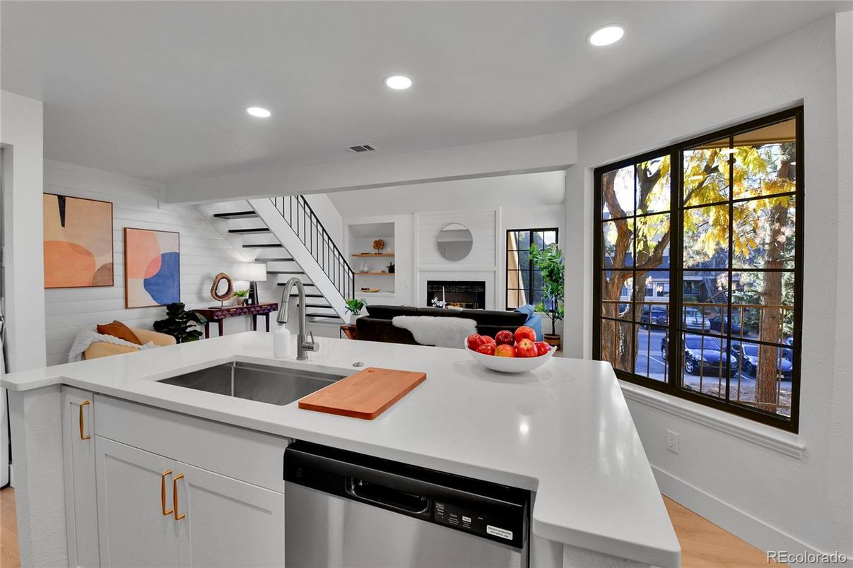 Fireplace, Interior, Kitchen, Living room, Recessed Lighting, Wood Texture Flooring