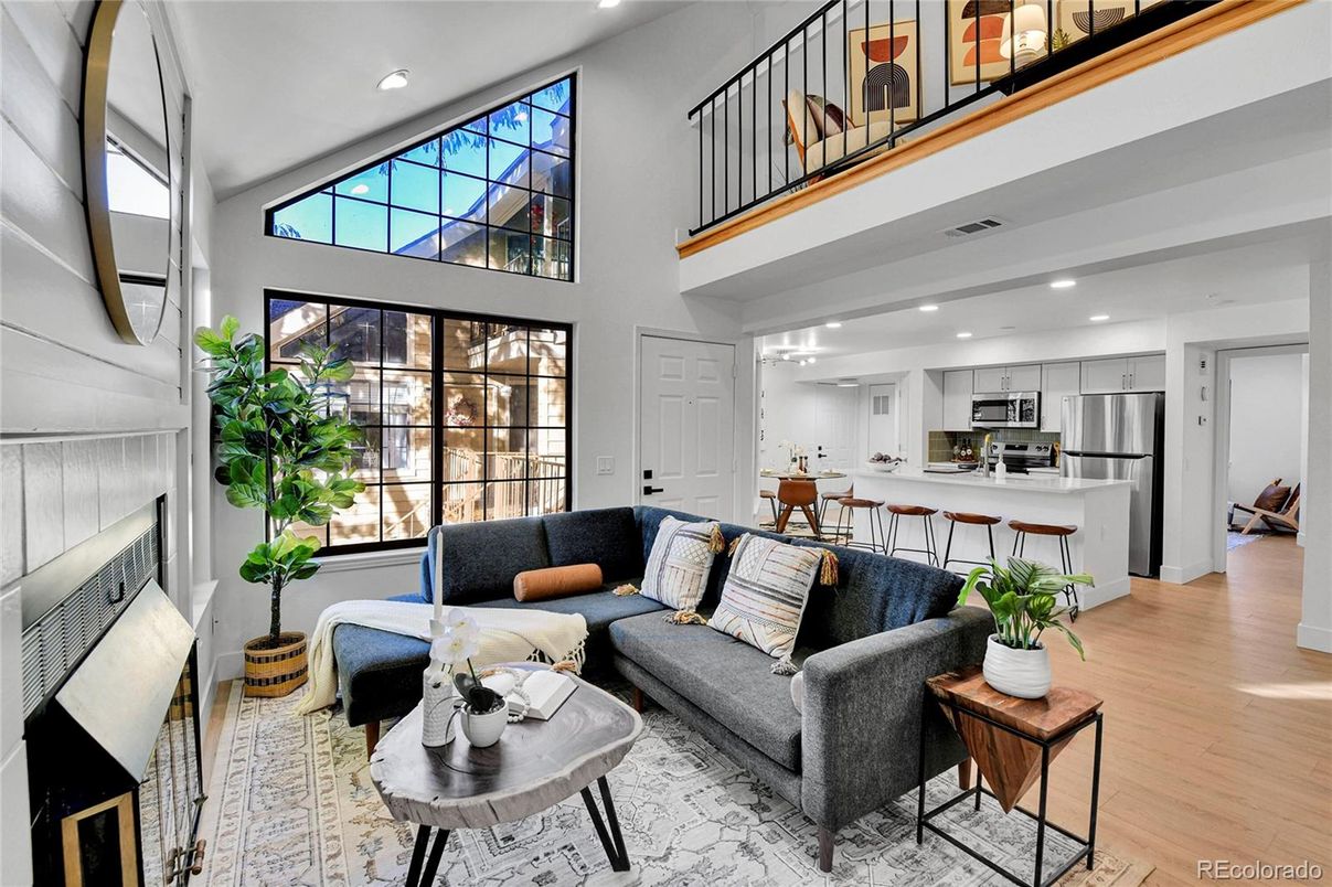 Dining room, Interior, Kitchen, Living room, Recessed Lighting, Stainless Steel Appliances, Wood Texture Flooring