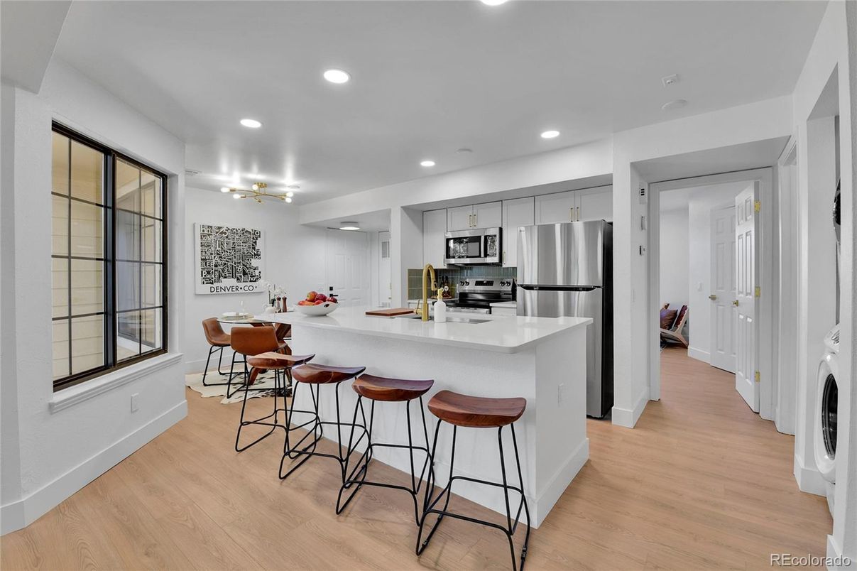 Dining room, Interior, Kitchen, Recessed Lighting, Stainless Steel Appliances, Wood Texture Flooring