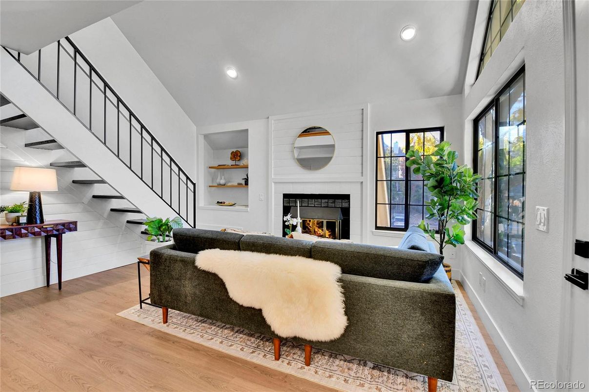 Fireplace, Interior, Living room, Recessed Lighting, Wood Texture Flooring