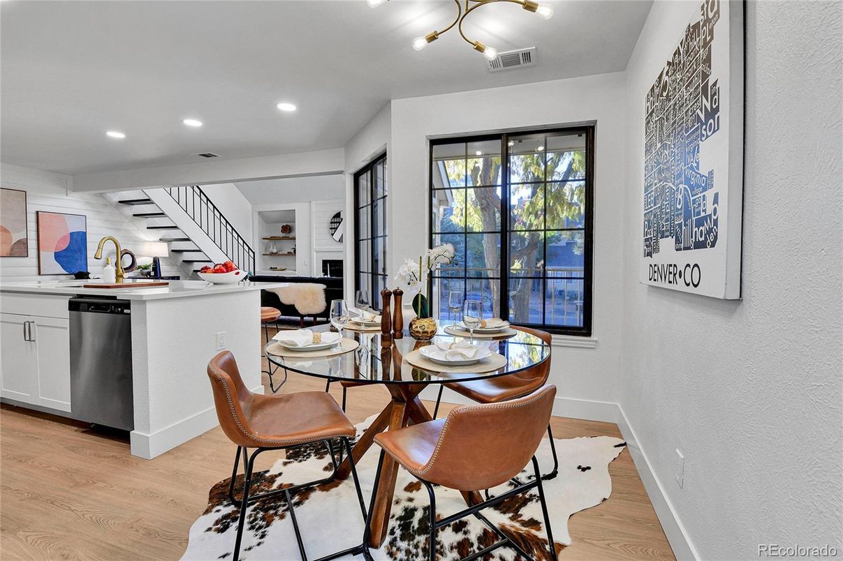 Dining room, Interior, Recessed Lighting, Wood Texture Flooring