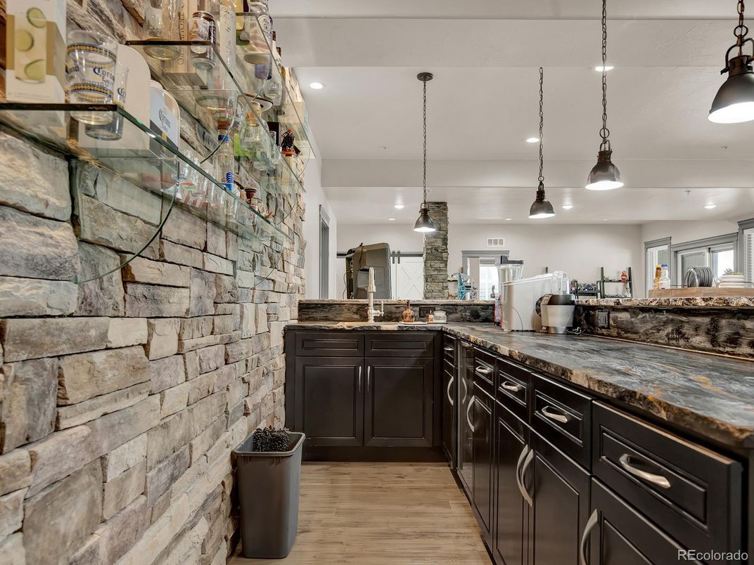 Interior, Pendant Lights, Recessed Lighting, Stone Walls, Wood Texture Flooring