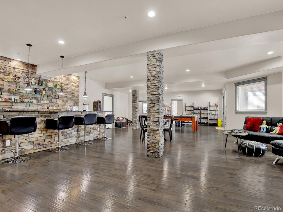 Interior, Pendant Lights, Recessed Lighting, Stone Walls, Wood Texture Flooring