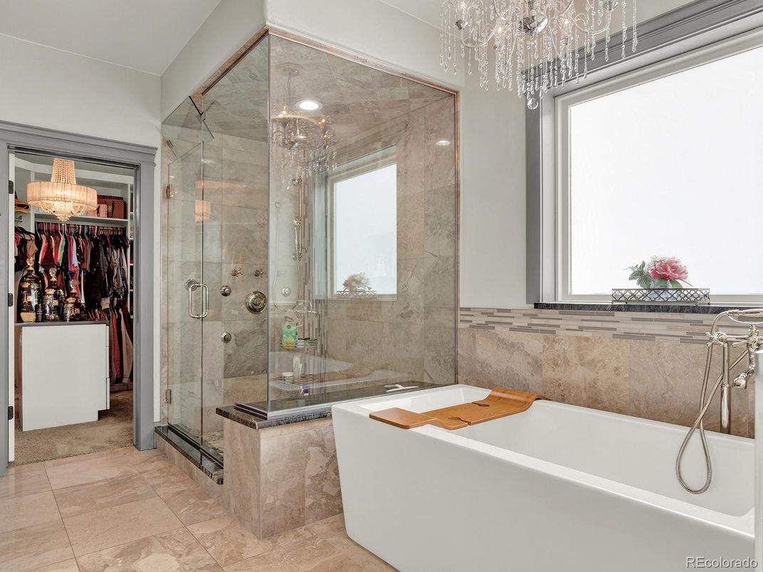 Bathroom, Chandelier, Free Standing Baths, Glass Shower, Interior, Recessed Lighting