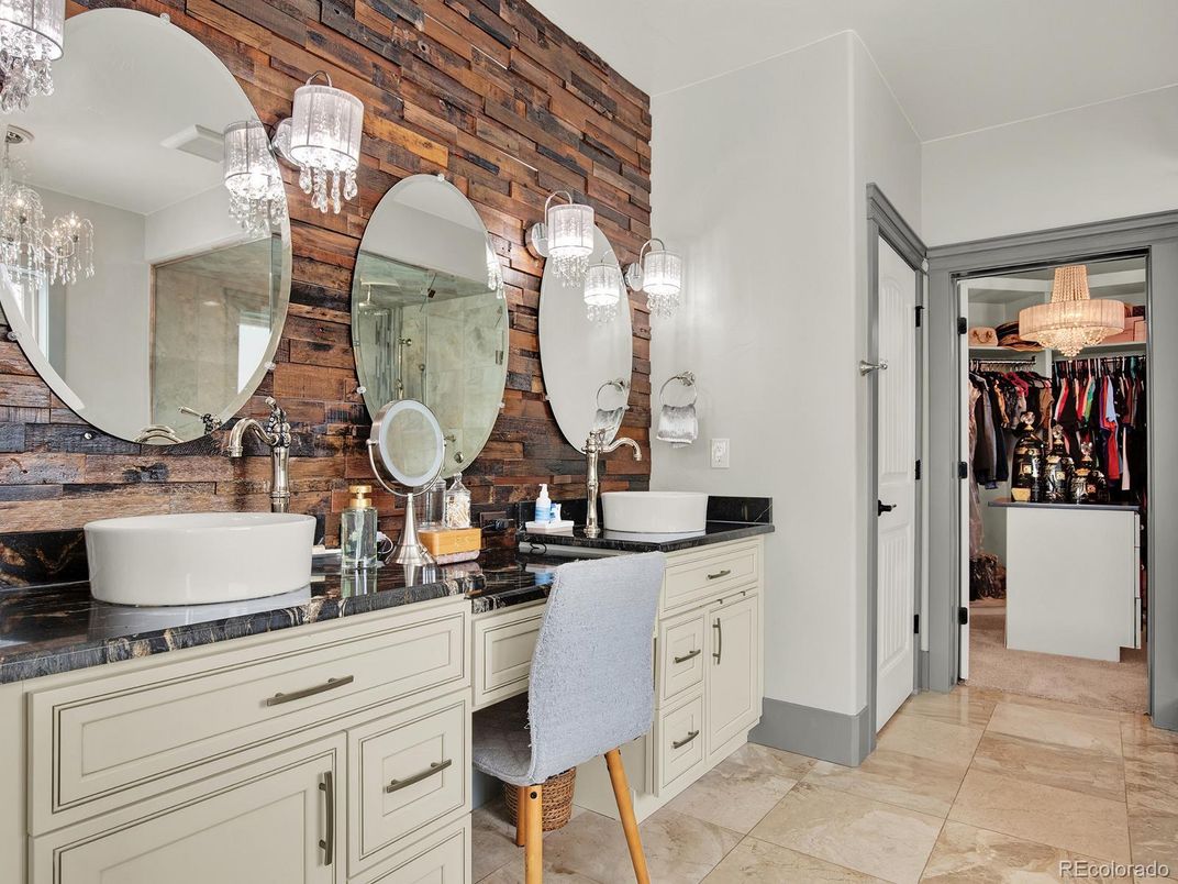 Bathroom, Chandelier, Dual Sink Vanities, Interior, Pendant Lights
