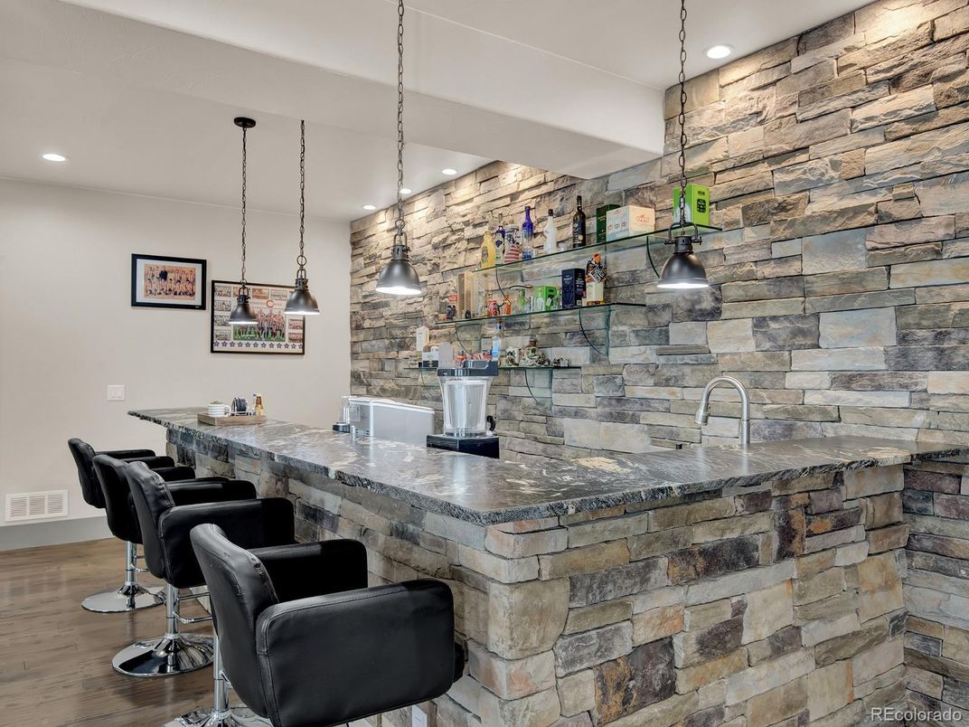 Interior, Pendant Lights, Recessed Lighting, Stone Walls, Wood Texture Flooring