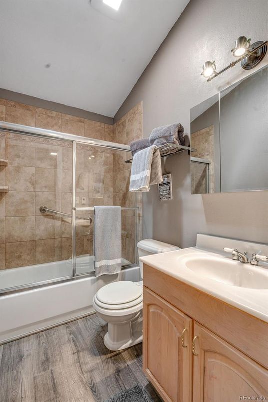 Bathroom, Glass Shower, Interior, Wood Texture Flooring