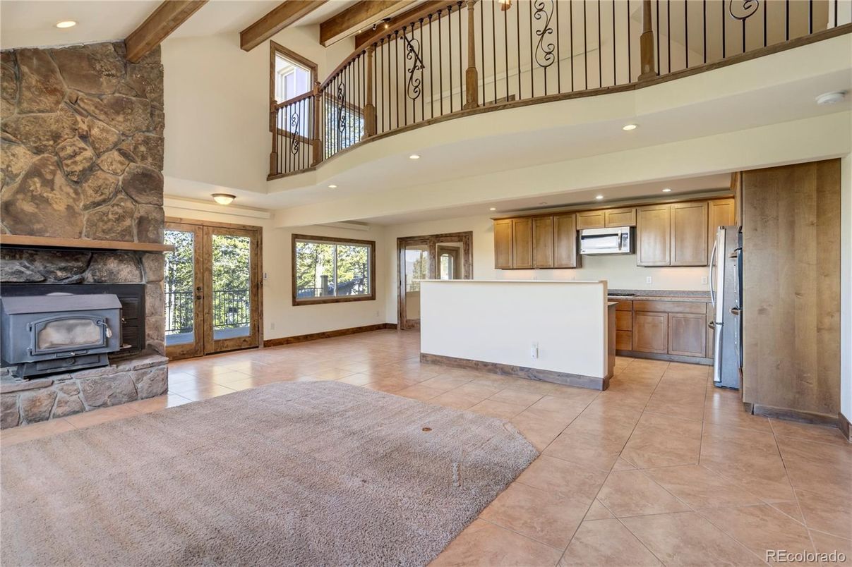 Fireplace, Interior, Kitchen, Recessed Lighting, Stone Walls, Wooden Beams