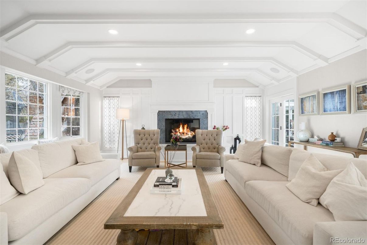 Fireplace, Interior, Living room, Recessed Lighting, Wood Texture Flooring