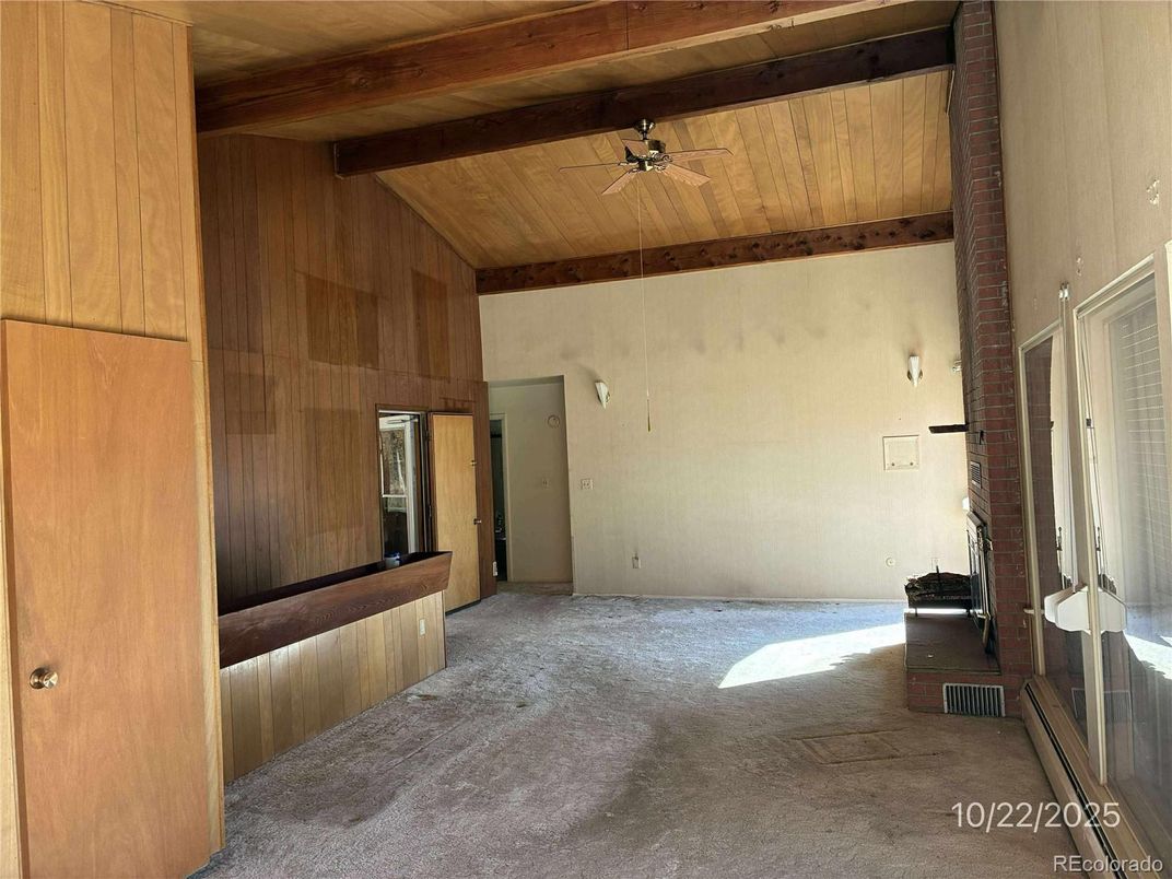 Empty room, Fireplace, Interior, Wooden Beams, Wooden Ceilings, Wooden Walls