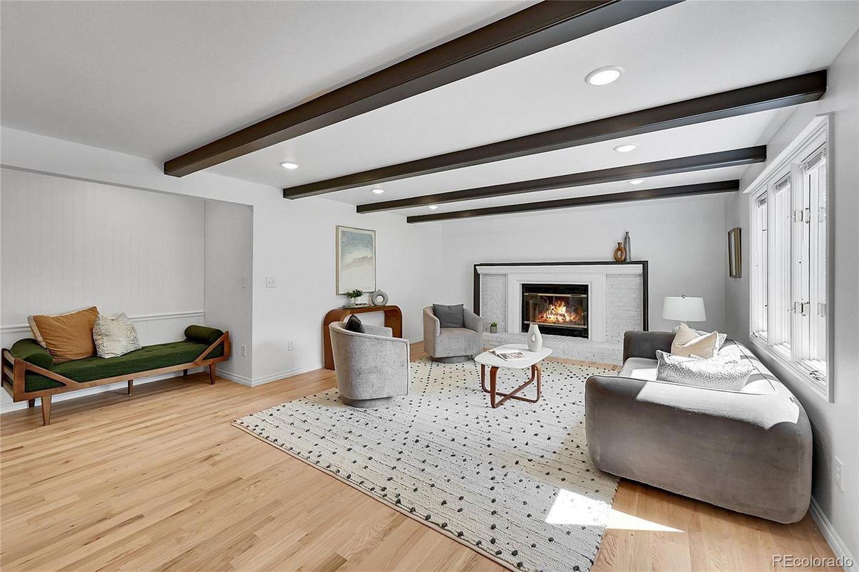 Fireplace, Interior, Living room, Recessed Lighting, Wooden Beams, Wood Texture Flooring