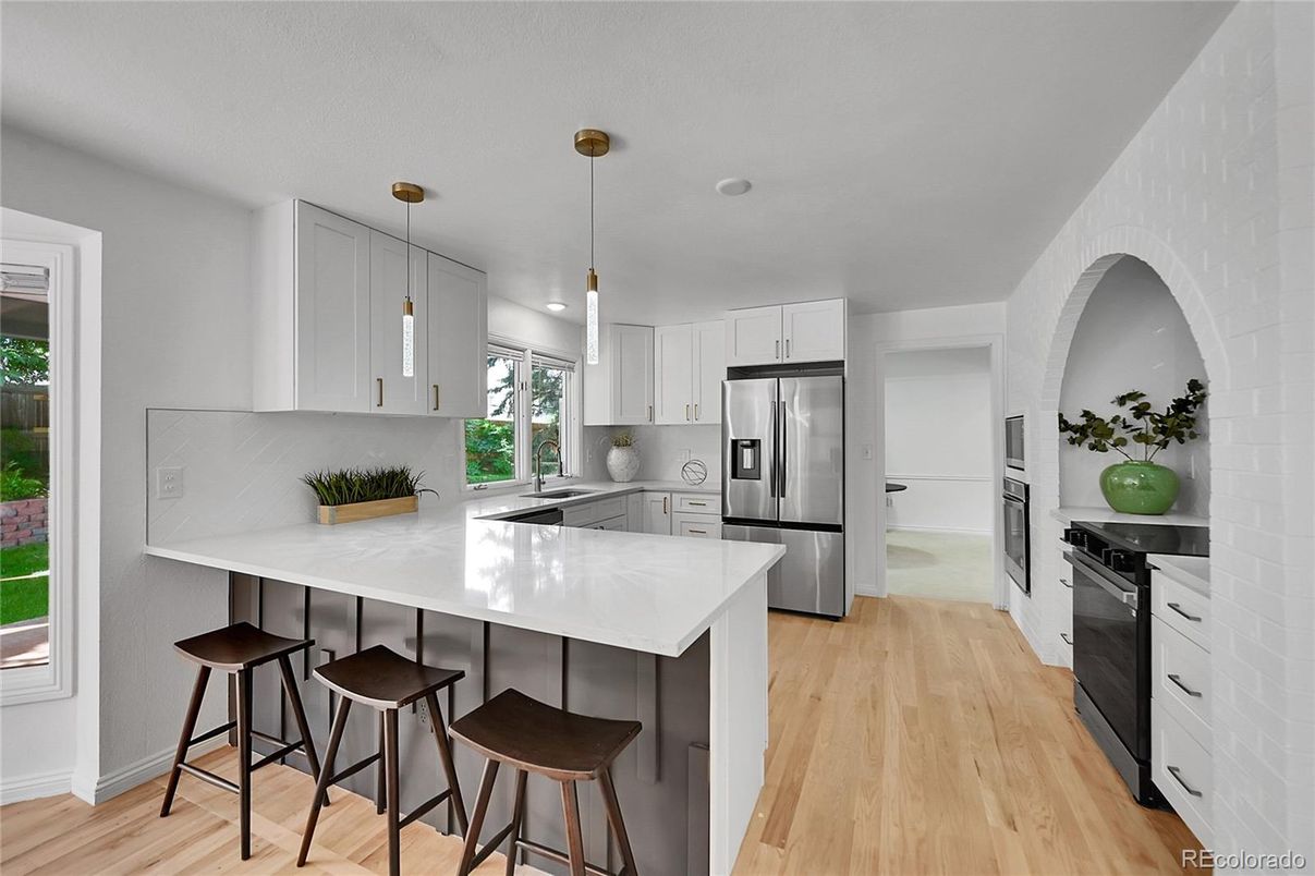 Interior, Kitchen, Pendant Lights, Recessed Lighting, Stainless Steel Appliances, Wood Texture Flooring