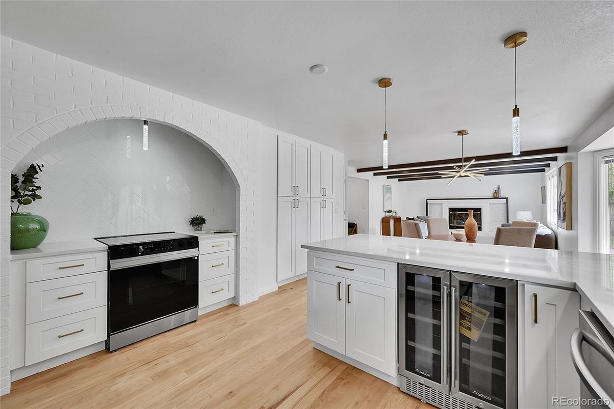 Interior, Kitchen, Pendant Lights, Stainless Steel Appliances, Wood Texture Flooring