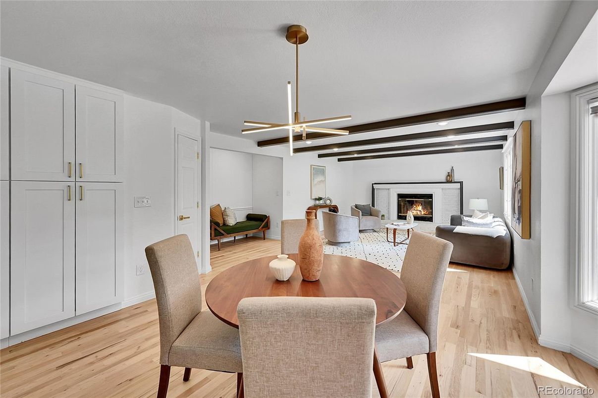 Dining room, Fireplace, Interior, Living room, Pendant Lights, Wood Texture Flooring