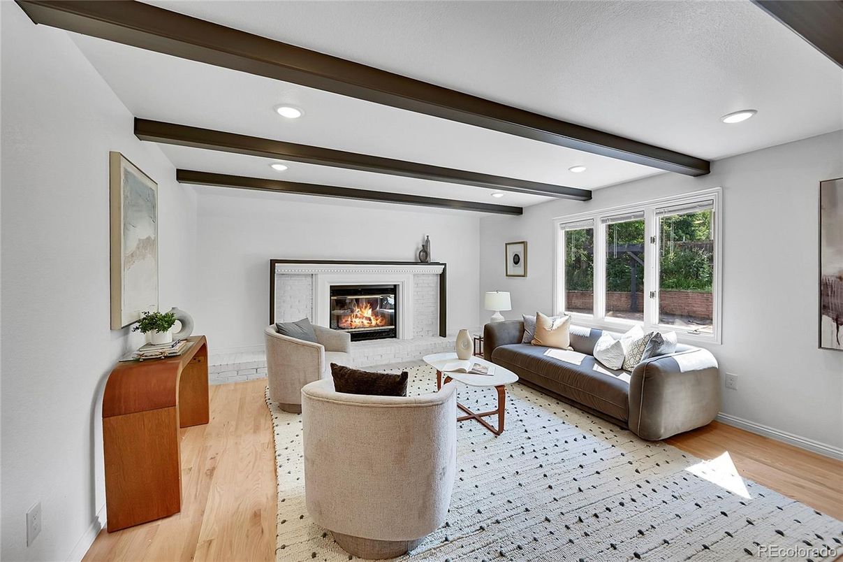 Fireplace, Interior, Living room, Recessed Lighting, Wooden Beams, Wood Texture Flooring