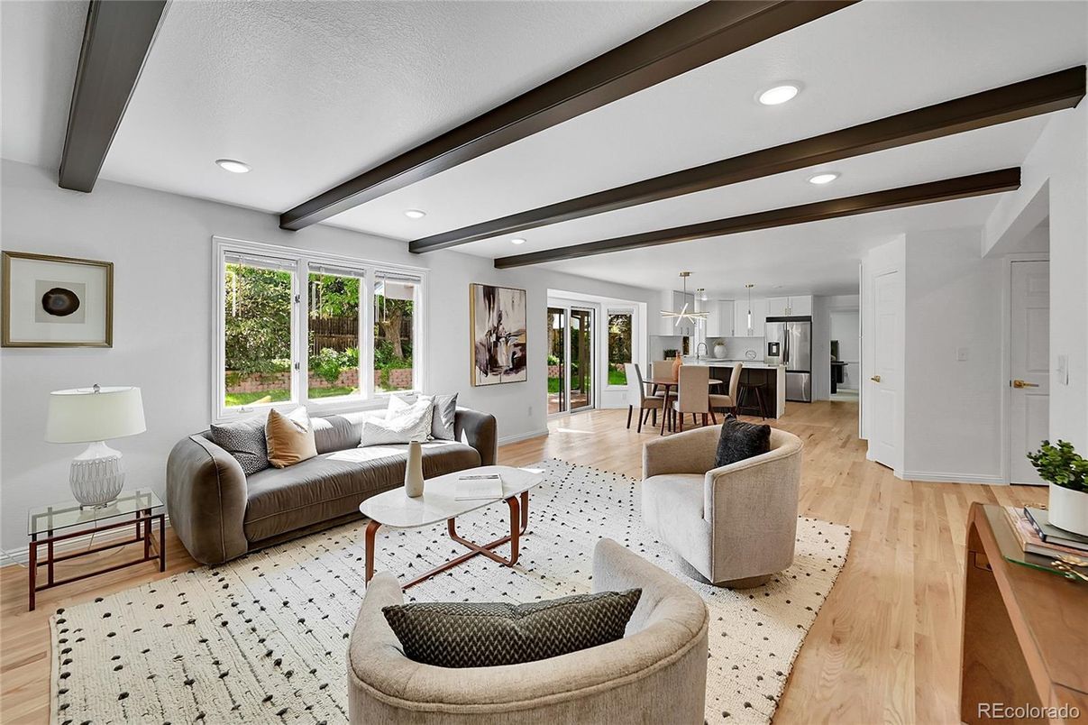 Dining room, Interior, Kitchen, Living room, Pendant Lights, Recessed Lighting, Wooden Beams, Wood Texture Flooring