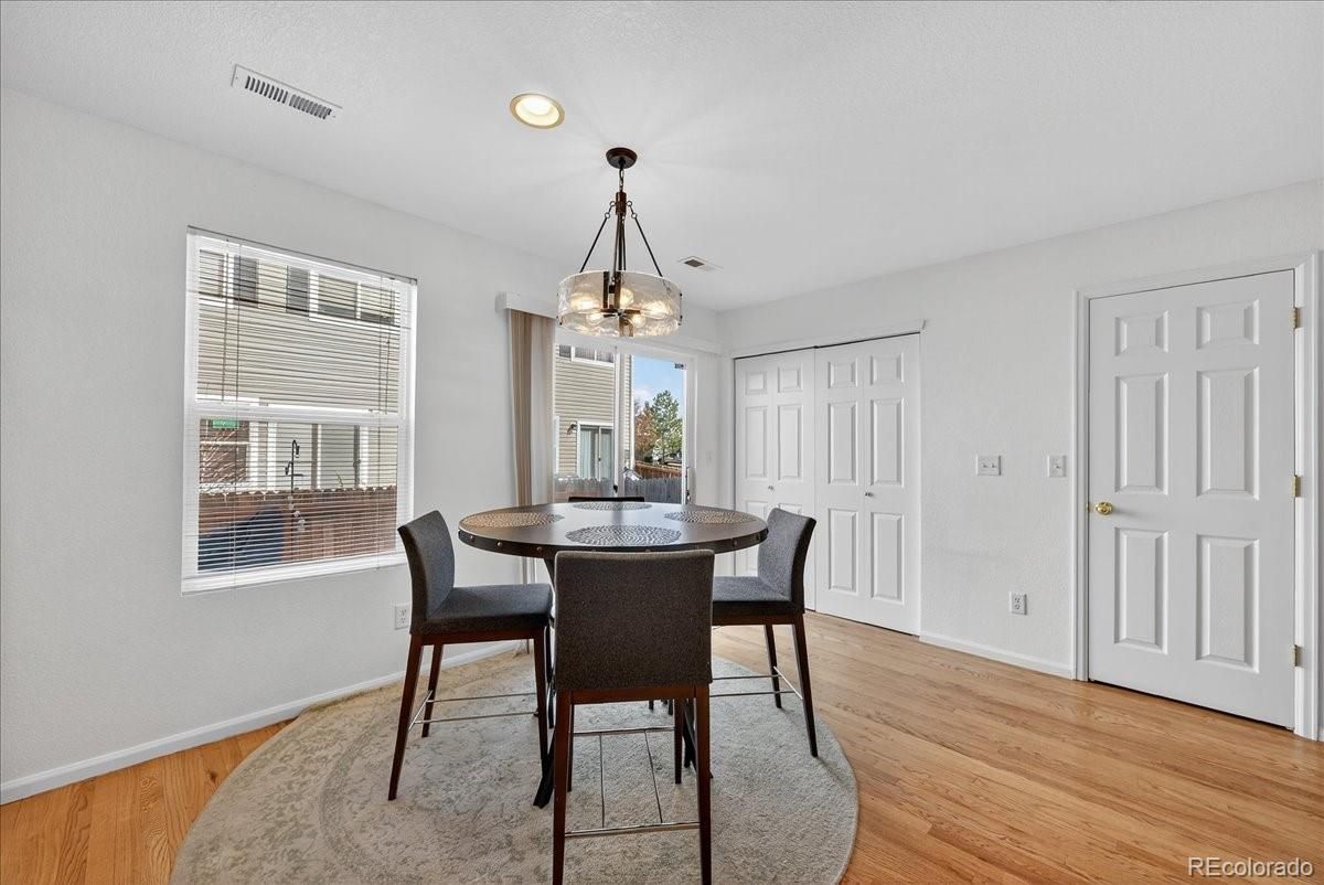 Dining room, Interior, Pendant Lights, Recessed Lighting, Wood Texture Flooring