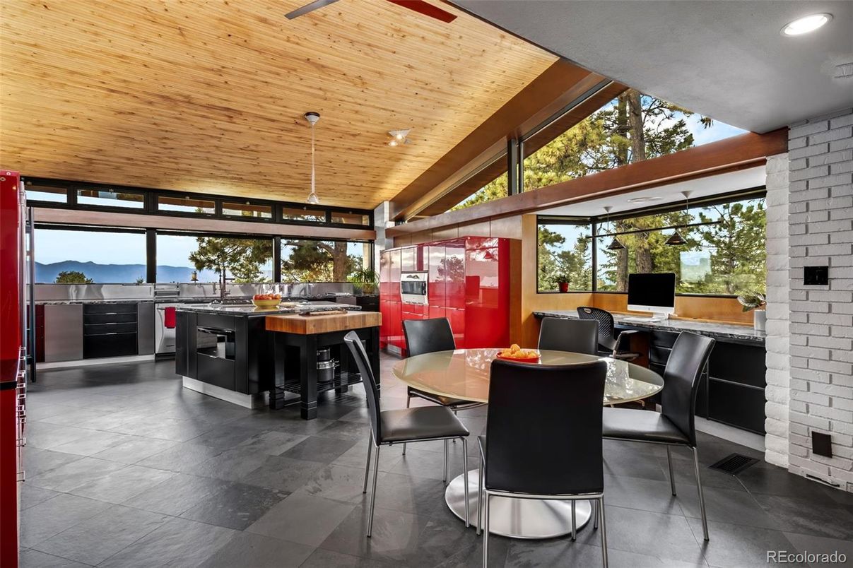 Dining room, Interior, Recessed Lighting, Stone Walls, Water, Wooden Ceilings