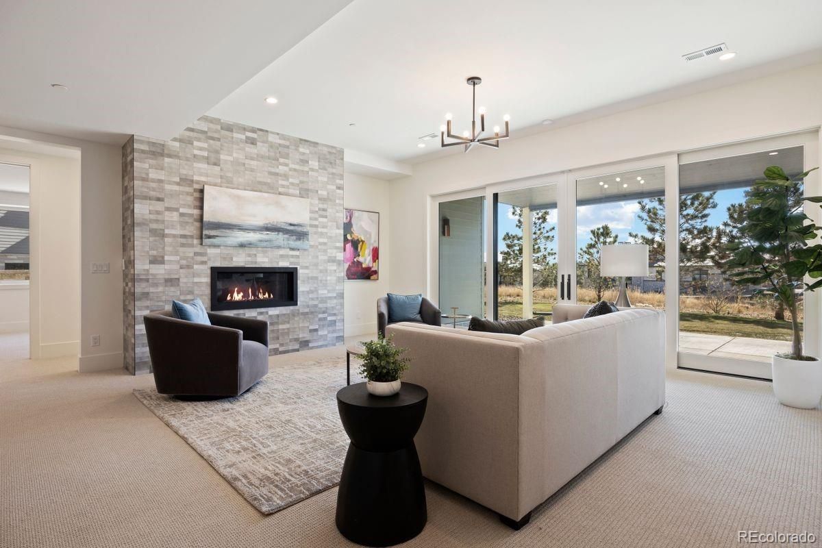 Fireplace, Interior, Living room, Pendant Lights, Recessed Lighting, Stone Walls
