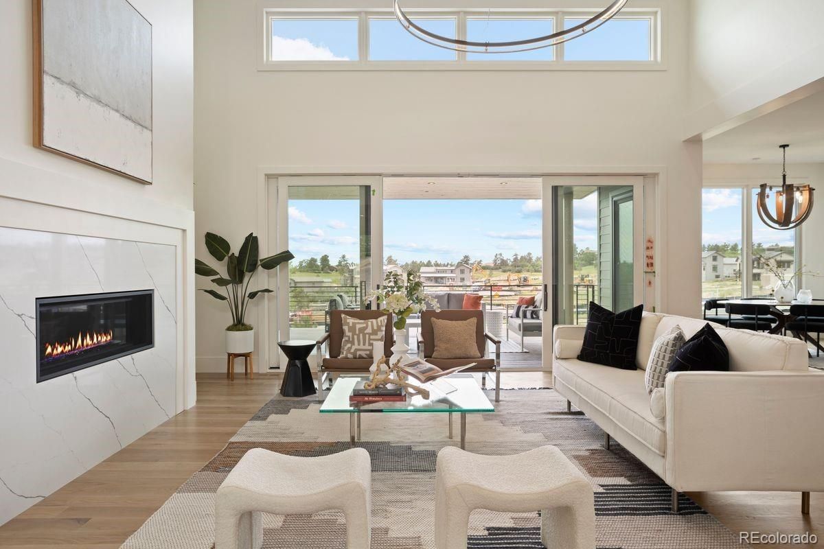 Chandelier, Dining room, Fireplace, Interior, Living room, Pendant Lights, Wood Texture Flooring