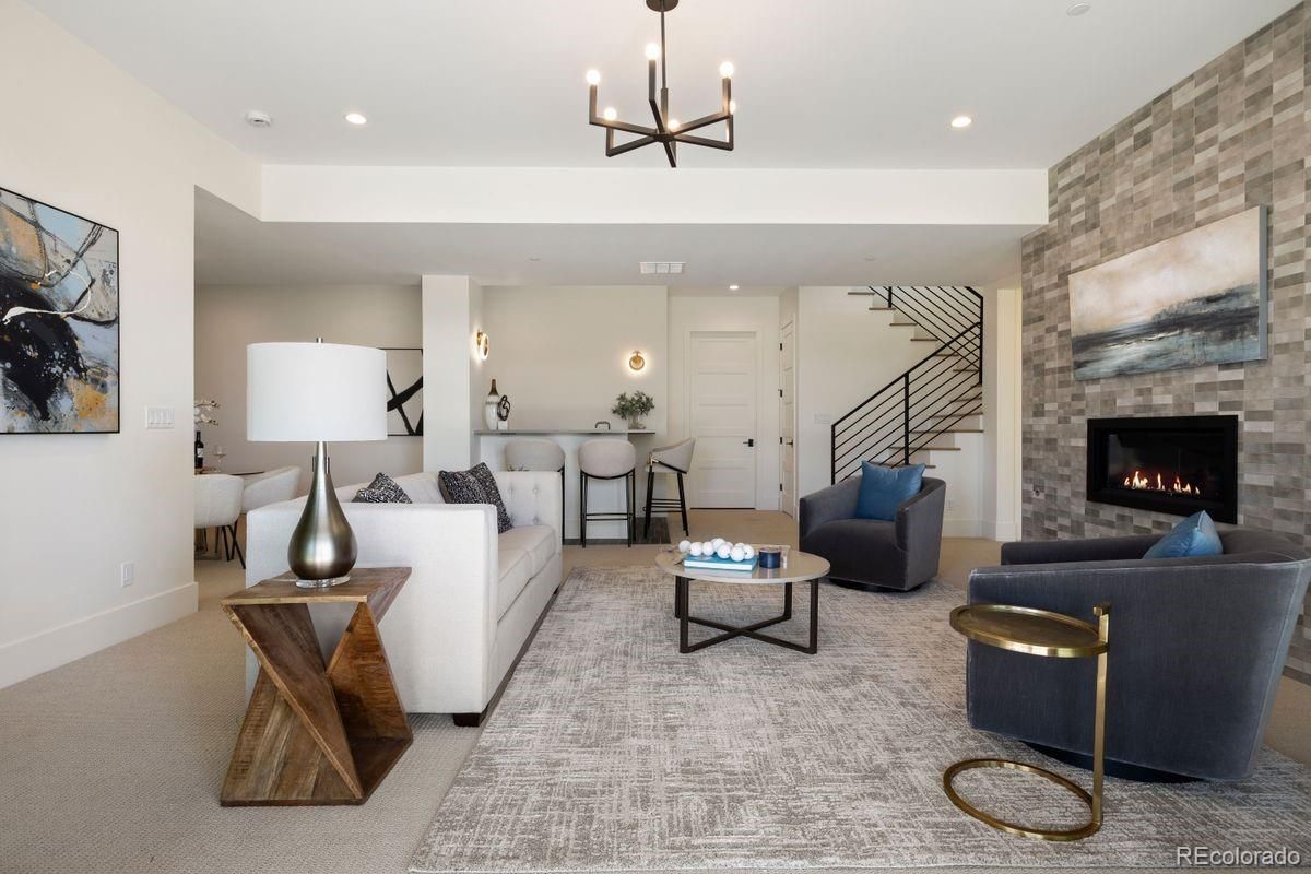 Fireplace, Interior, Living room, Pendant Lights, Recessed Lighting, Stone Walls