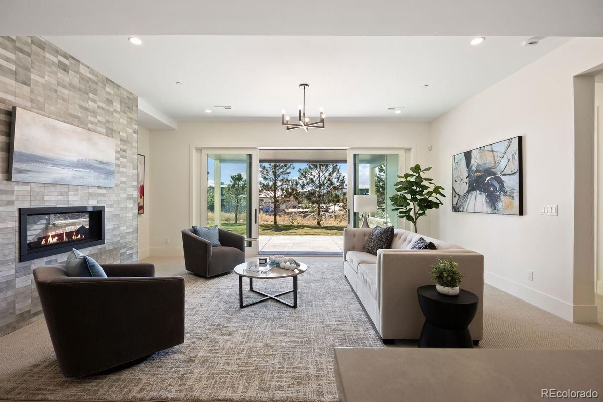 Fireplace, Interior, Living room, Pendant Lights, Recessed Lighting, Stone Walls