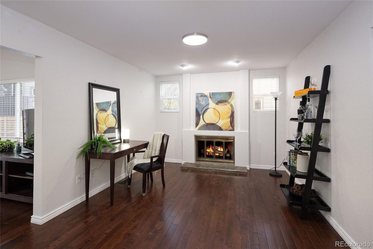 Fireplace, Home Office, Interior, Recessed Lighting, Wood Texture Flooring