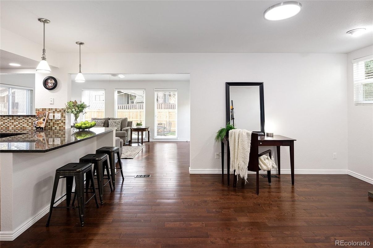 Dining room, Interior, Pendant Lights, Wood Texture Flooring