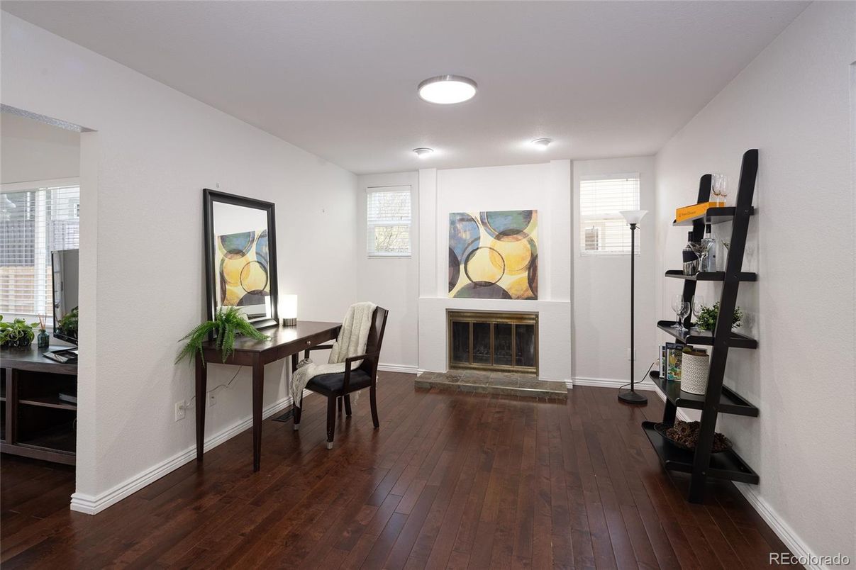 Fireplace, Home Office, Interior, Recessed Lighting, Wood Texture Flooring