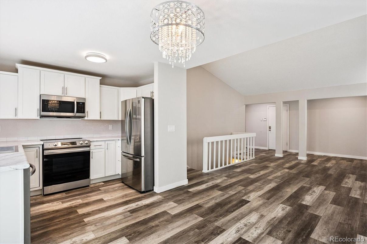 Chandelier, Interior, Kitchen, Stainless Steel Appliances, Wood Texture Flooring