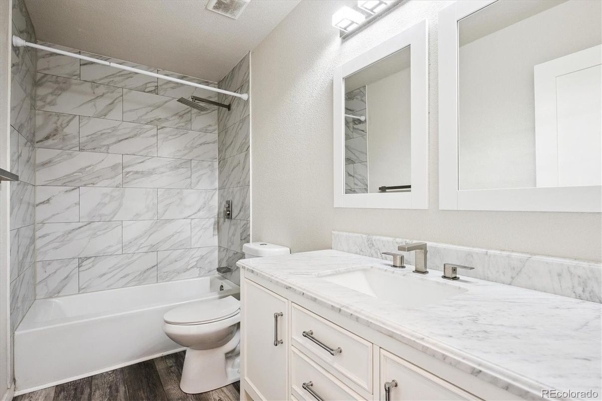 Bathroom, Interior, Marble Walls, Wood Texture Flooring