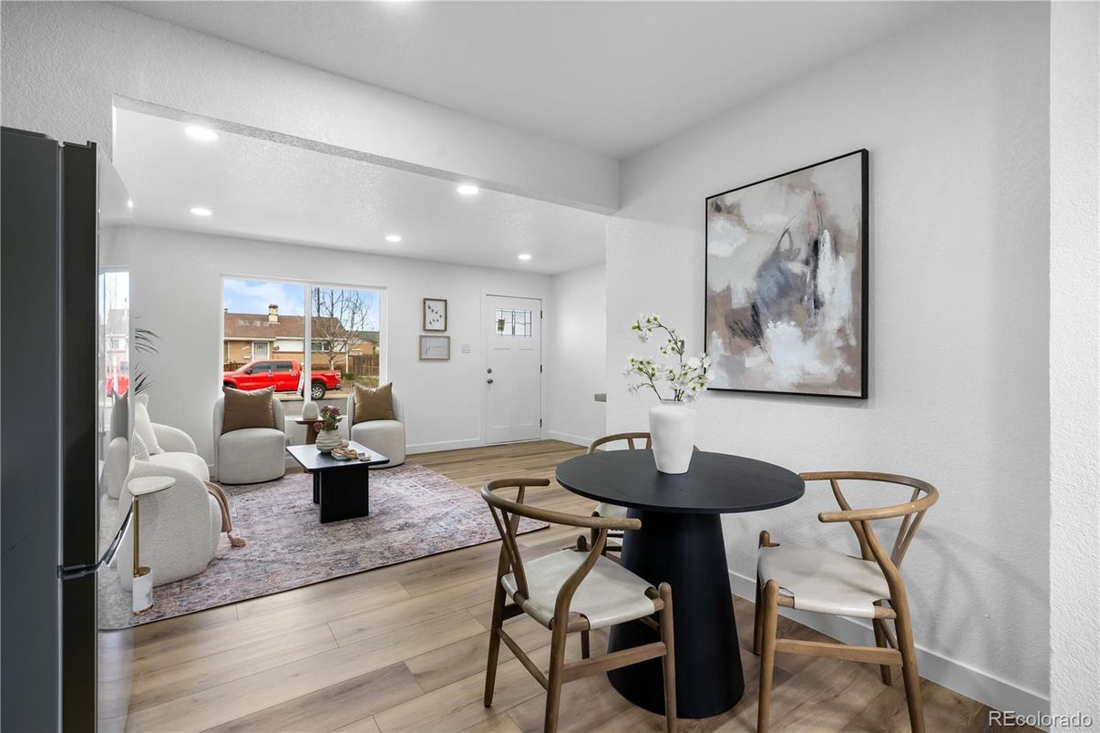 Dining room, Interior, Living room, Recessed Lighting, Wood Texture Flooring