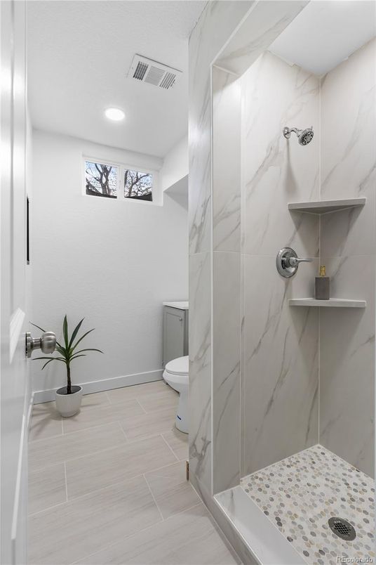 Bathroom, Glass Shower, Interior, Marble Walls, Recessed Lighting