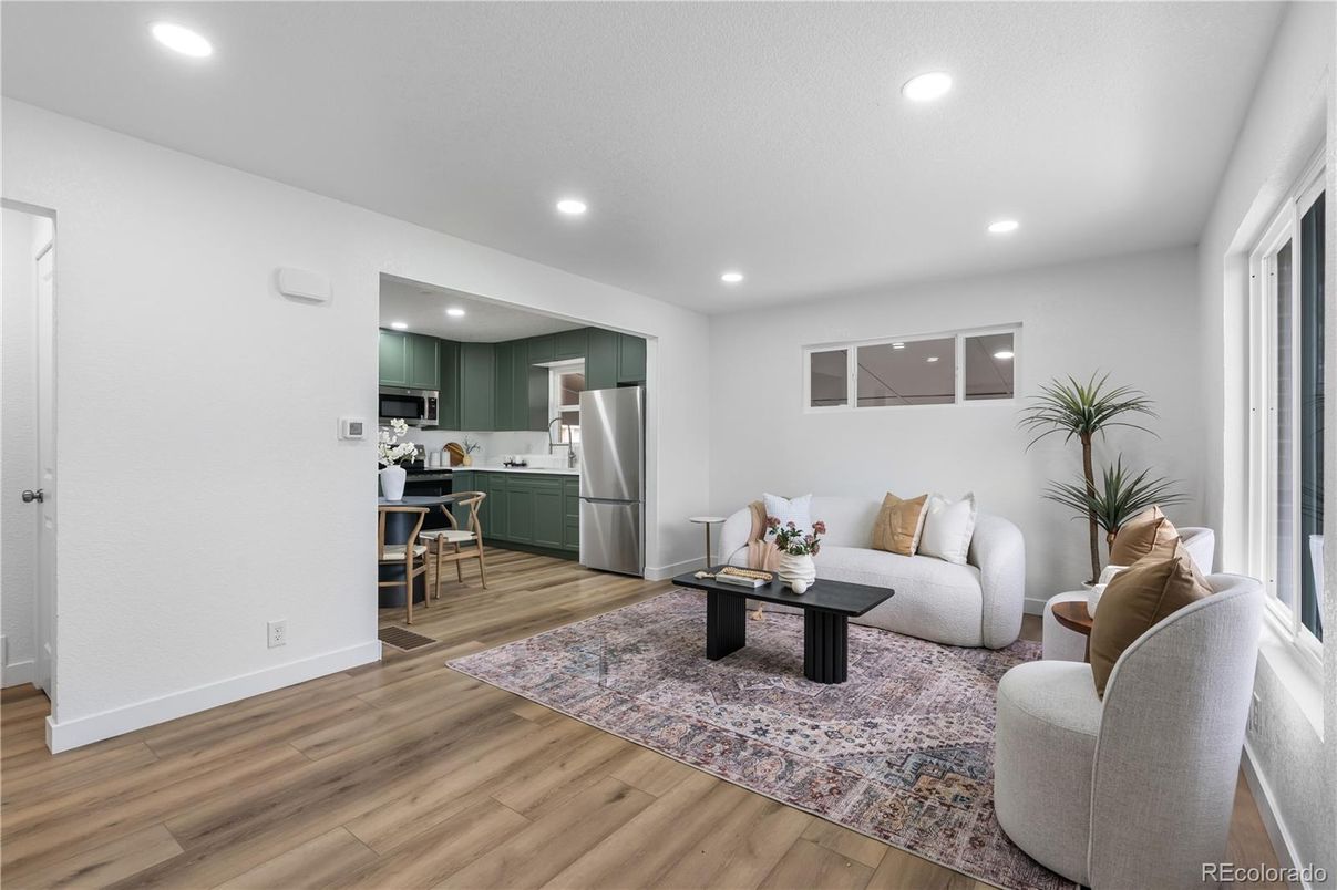 Interior, Kitchen, Living room, Recessed Lighting, Stainless Steel Appliances, Wood Texture Flooring