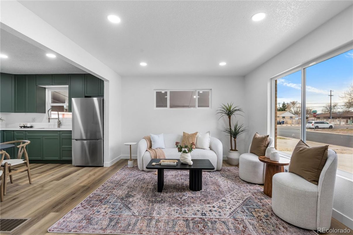 Interior, Kitchen, Living room, Recessed Lighting, Stainless Steel Appliances, Wood Texture Flooring