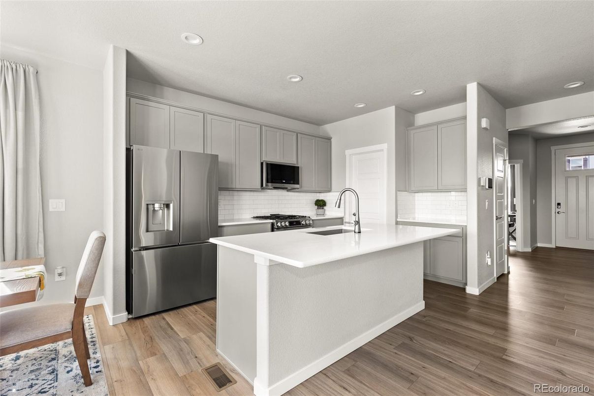 Interior, Kitchen, Recessed Lighting, Stainless Steel Appliances, Wood Texture Flooring