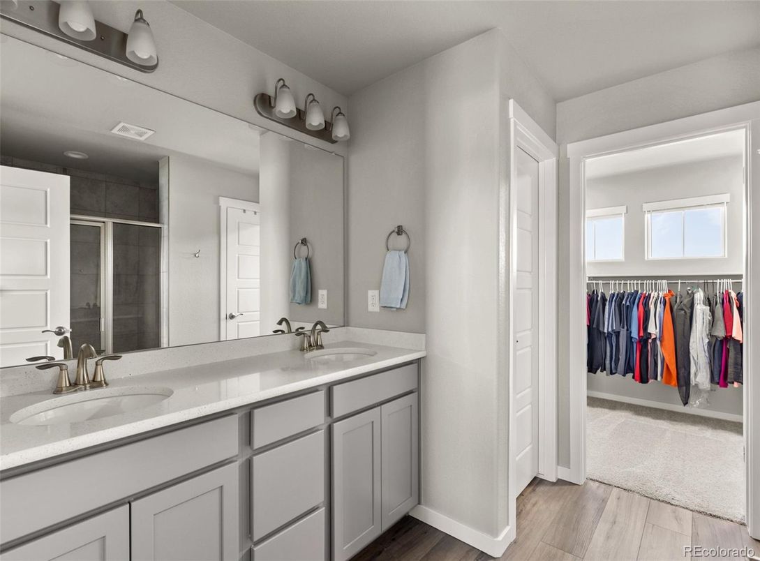 Bathroom, Dual Sink Vanities, Interior, Walk-in Closets, Wood Texture Flooring