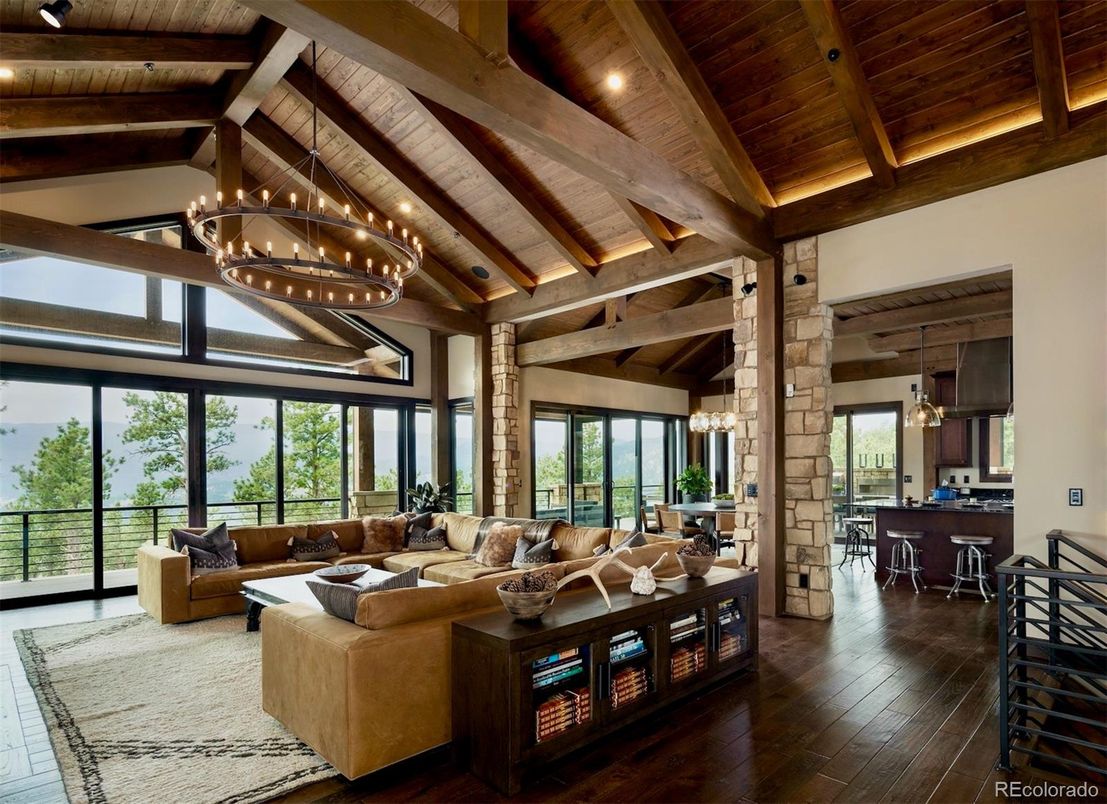 Chandelier, Dining room, Interior, Living room, Pendant Lights, Wooden Beams, Wooden Ceilings, Wood Texture Flooring